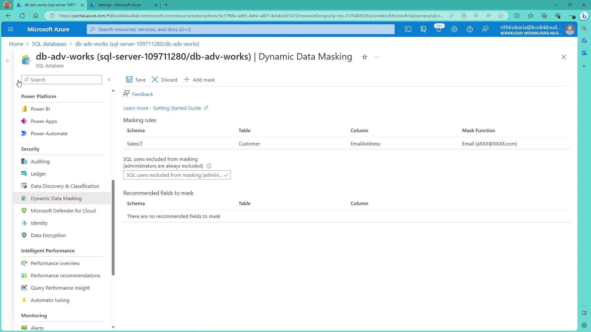 The image shows a Microsoft Azure portal interface for configuring Dynamic Data Masking on a SQL database, with a masking rule applied to the "EmailAddress" column in the "Customer" table.