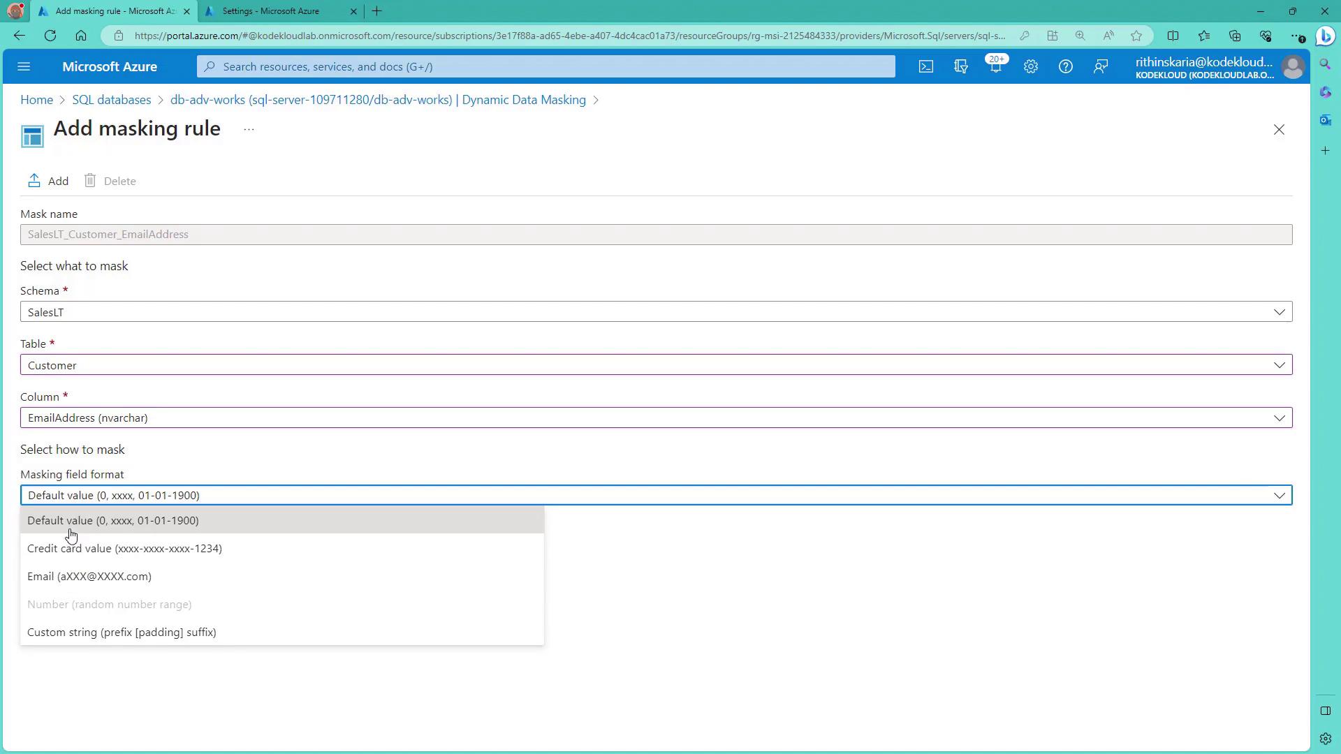 The image shows a Microsoft Azure interface for adding a masking rule to a SQL database, specifically for masking email addresses in the "Customer" table of the "SalesLT" schema. Various masking field format options are available, such as default value and email format.