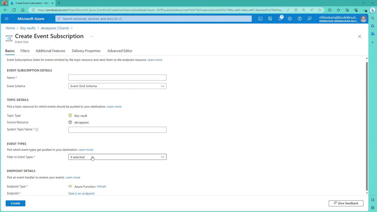 The image shows a Microsoft Azure portal page for creating an event subscription in Event Grid. It includes fields for event subscription details, topic details, event types, and endpoint details.