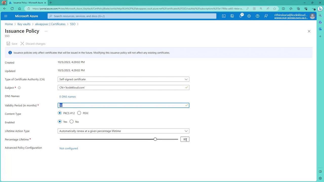 The image shows a Microsoft Azure portal page for configuring an issuance policy for certificates. It includes options for certificate authority type, subject, DNS names, validity period, and renewal settings.