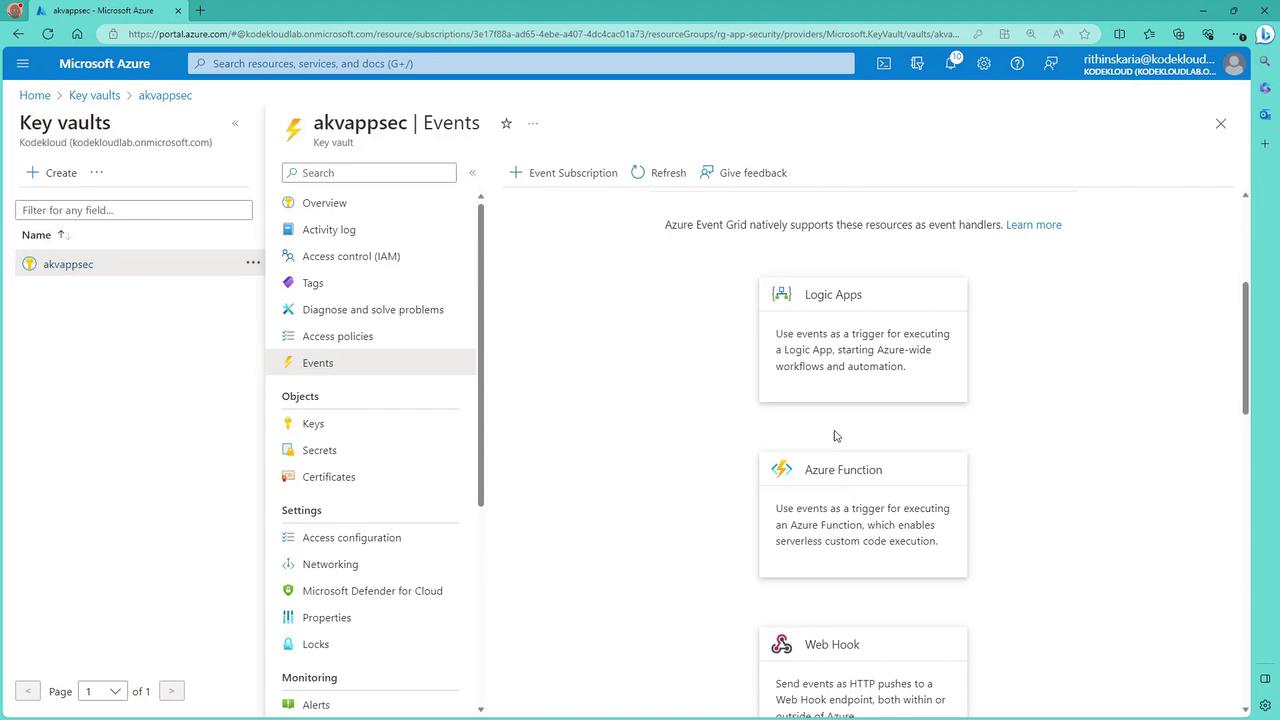 The image shows a Microsoft Azure portal interface focused on "Key vaults" with options for managing events, including Logic Apps, Azure Functions, and Web Hook. The interface displays navigation and configuration options for a specific key vault named "akvappsec."