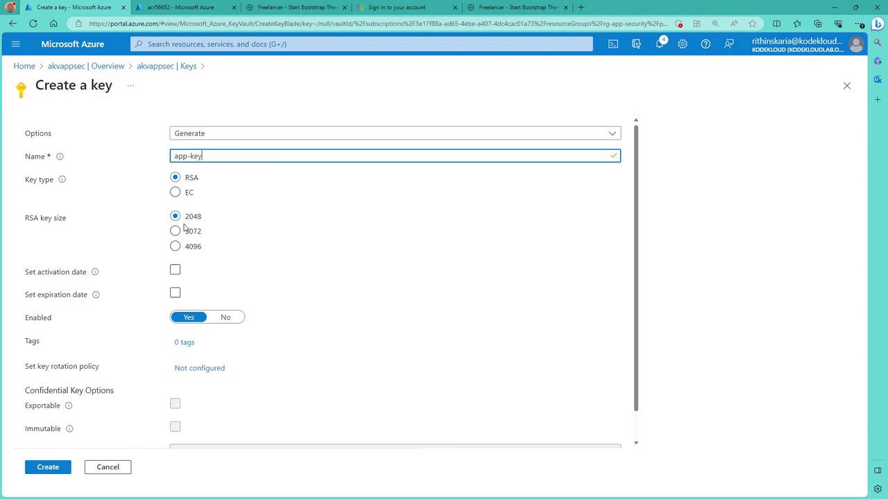 The image shows a Microsoft Azure interface for creating a key, with options to set the key name, type, RSA key size, and other configurations.