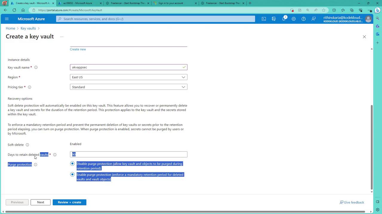 The image shows a Microsoft Azure interface for creating a key vault, with options to set the key vault name, region, pricing tier, and recovery options like soft delete and purge protection.