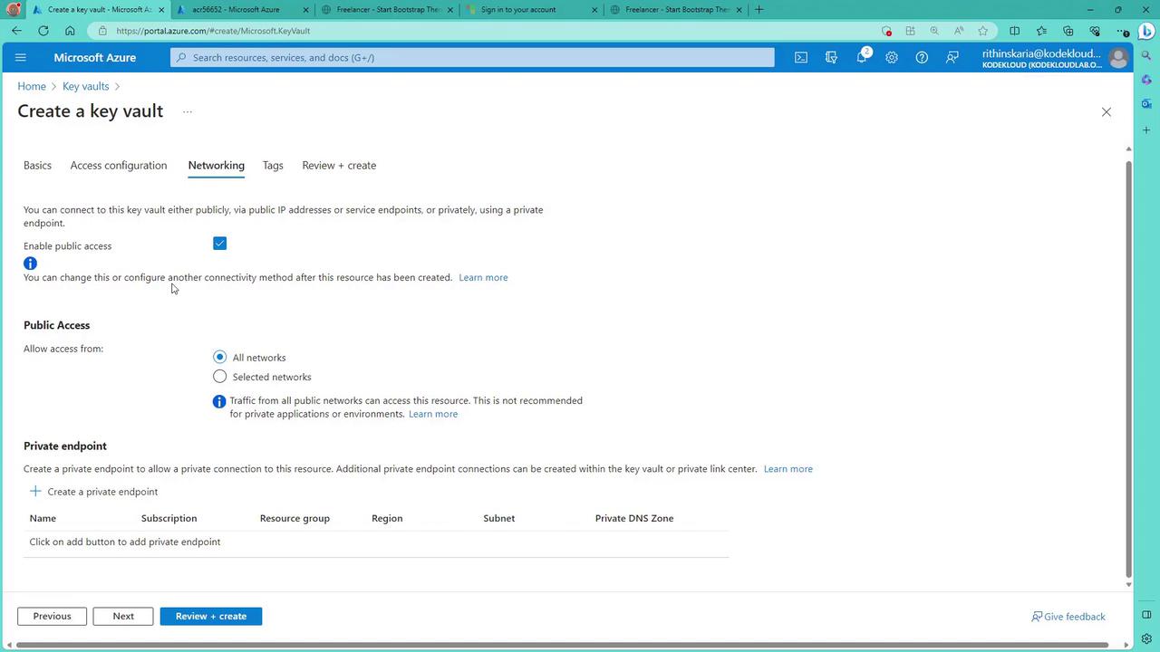 The image shows a Microsoft Azure portal page for creating a key vault, specifically focusing on the networking configuration options. It includes settings for enabling public access and creating private endpoints.