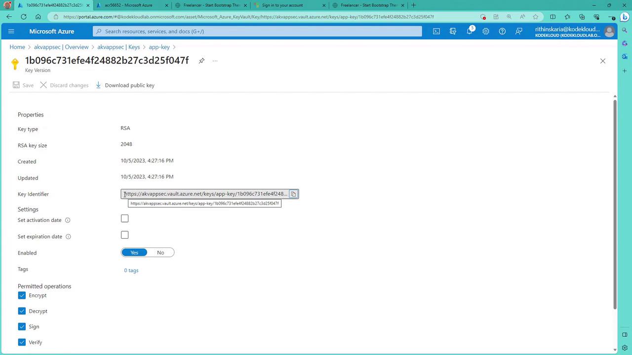 The image shows a Microsoft Azure Key Vault interface displaying details of an RSA key, including its key type, size, creation and update dates, and permitted operations like encrypt and decrypt.