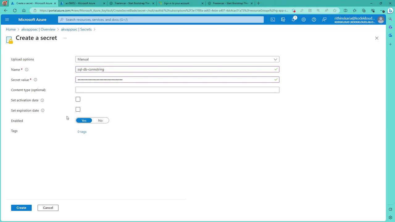 The image shows a Microsoft Azure portal interface for creating a secret, with fields for name, secret value, and optional settings like activation and expiration dates. The secret is named "sql-db-connstring" and is currently enabled.