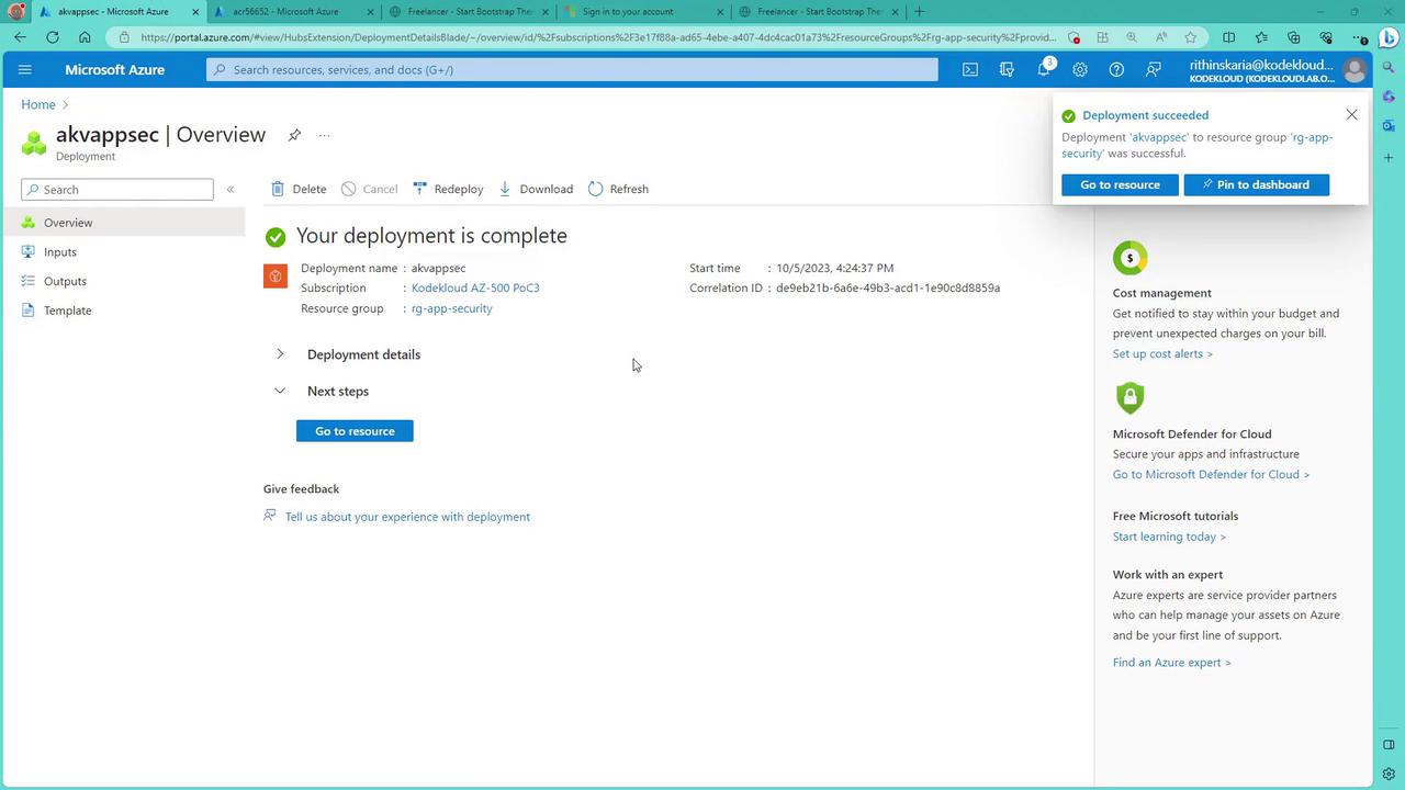 The image shows a Microsoft Azure portal page indicating that a deployment named "akvappsec" is complete. It provides details such as the subscription, resource group, and start time, with options to view deployment details and next steps.