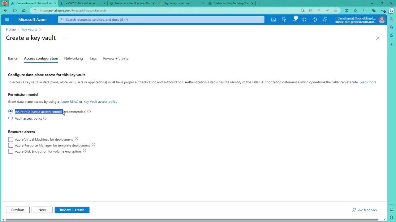 The image shows a Microsoft Azure portal screen for creating a key vault, specifically on the "Access configuration" tab. It includes options for configuring data plane access and selecting a permission model, with "Azure role-based access control" recommended.