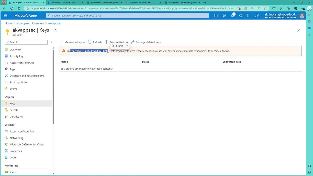 The image shows a Microsoft Azure portal interface for a Key Vault named "akvappsec," displaying a message that the user is unauthorized to view the contents due to role-based access control (RBAC) restrictions.