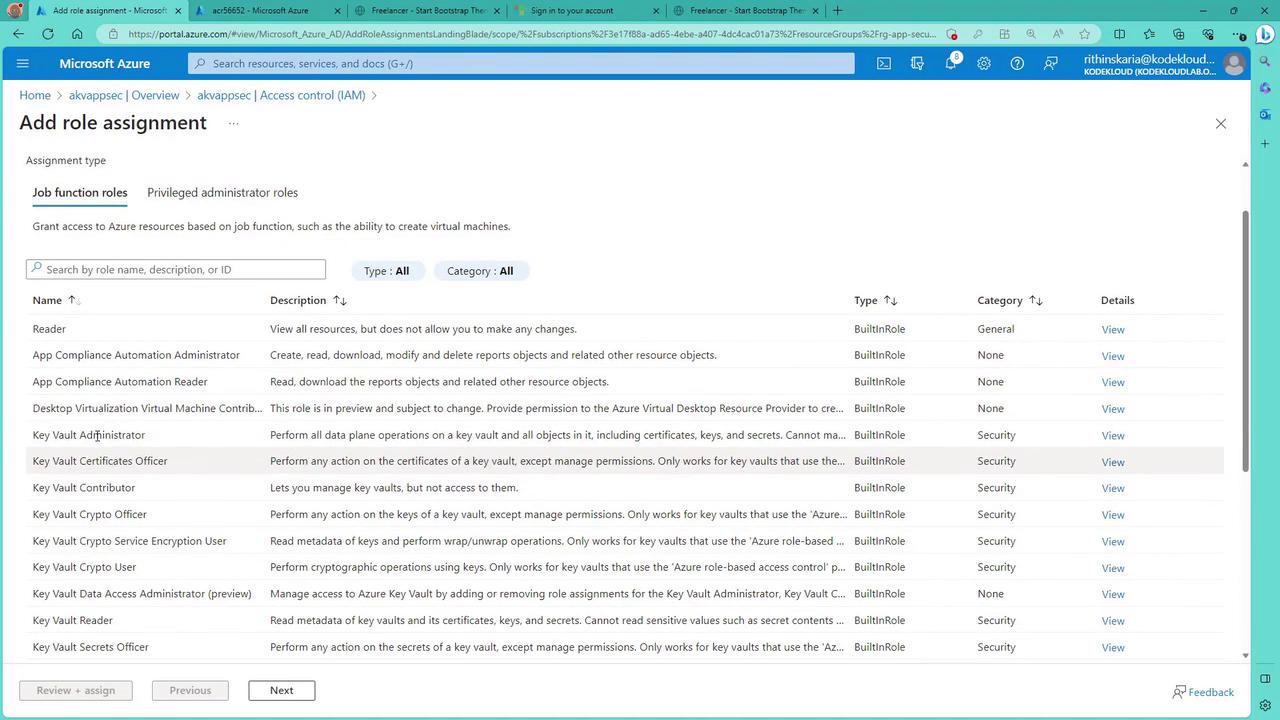 The image shows a Microsoft Azure portal page for adding role assignments, listing various job function roles with descriptions, types, and categories.