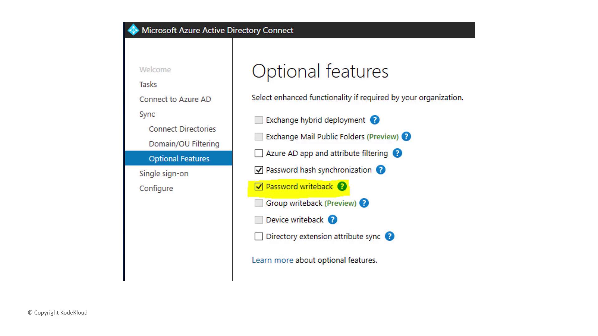 The image shows the "Optional Features" section of Microsoft Azure Active Directory Connect, highlighting the "Password writeback" option as selected.