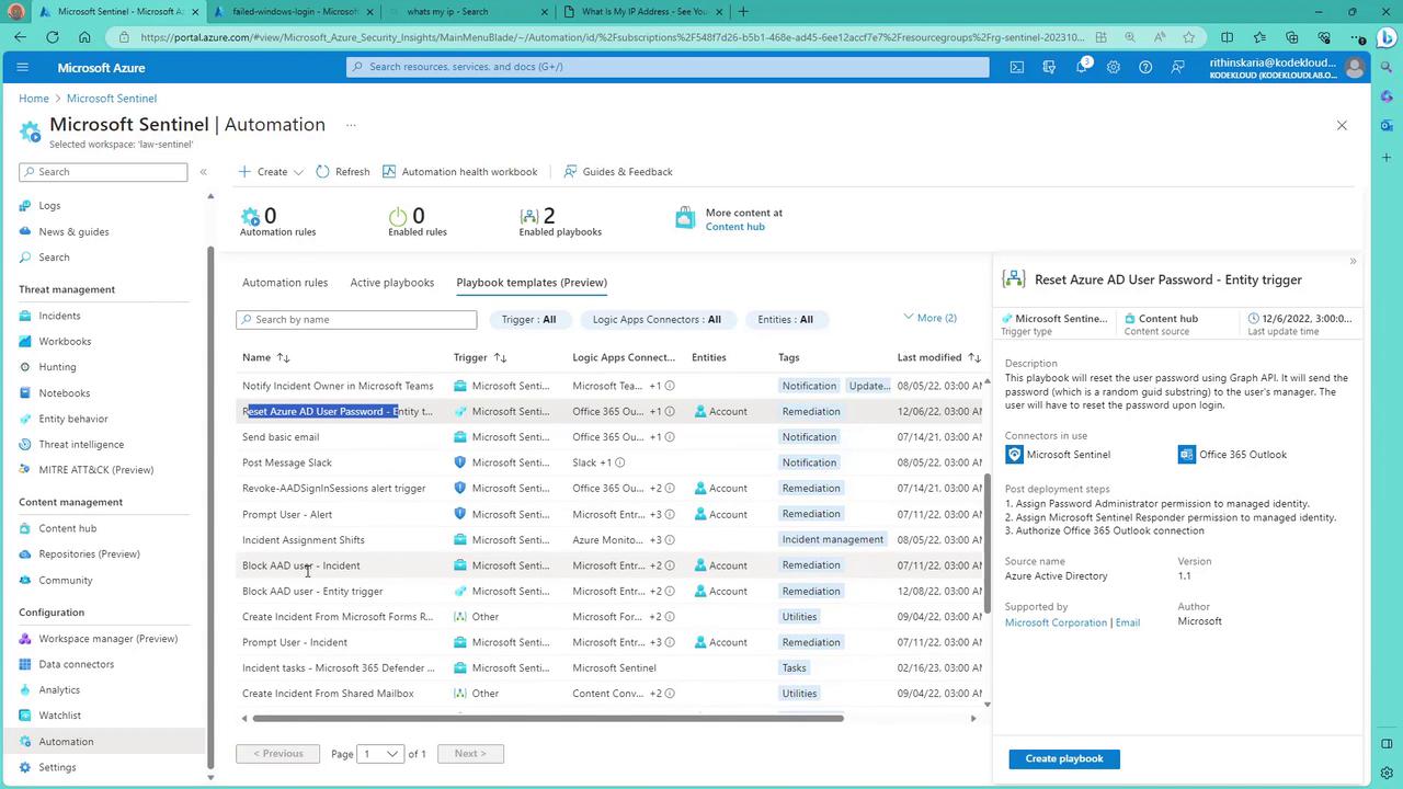The image shows a Microsoft Azure Sentinel Automation dashboard with a list of playbook templates, including details like triggers, logic app connectors, and entities. A specific playbook, "Reset Azure AD User Password," is highlighted, displaying its description and related information.