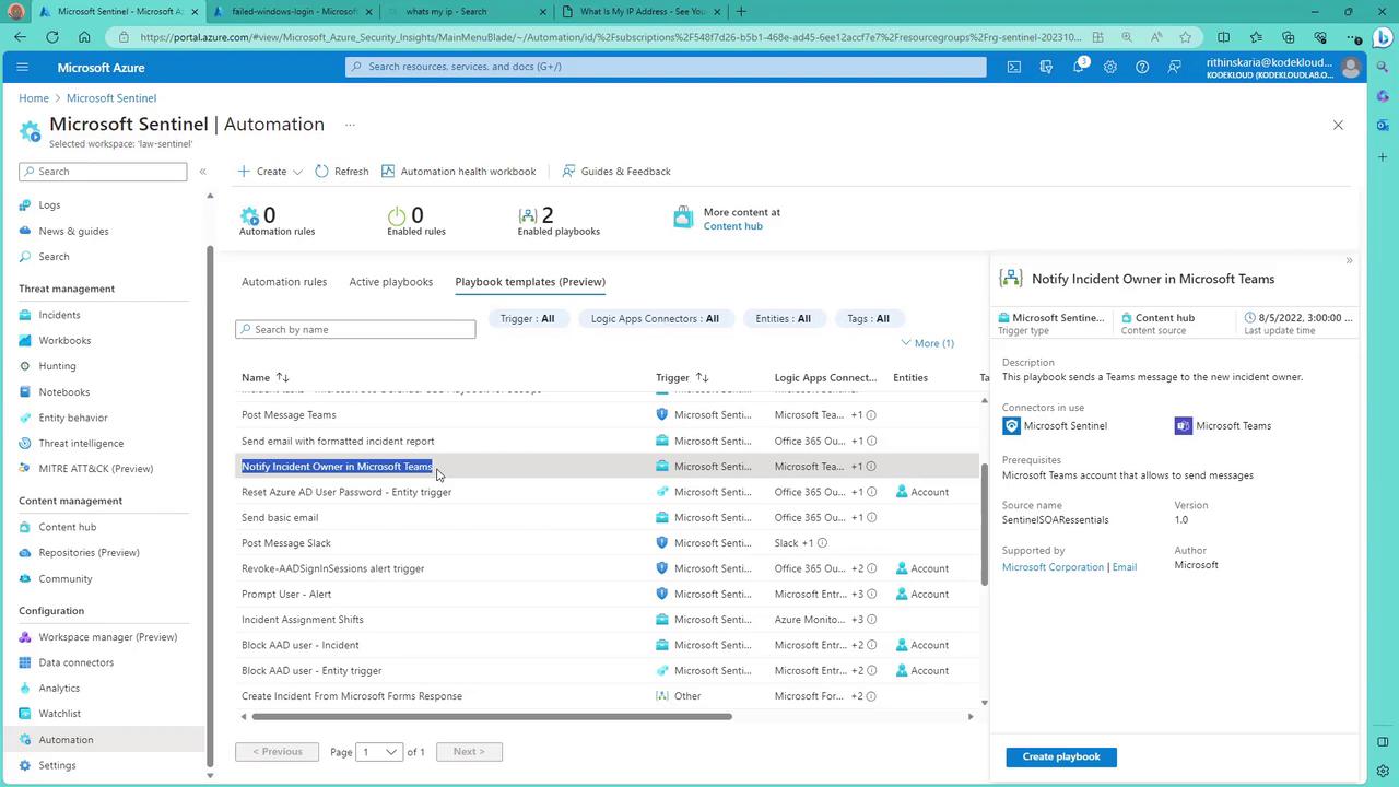 The image shows the Microsoft Sentinel Automation interface, displaying a list of playbook templates with details about triggers, logic app connectors, and entities. A specific playbook, "Notify Incident Owner in Microsoft Teams," is highlighted, showing its description and prerequisites.