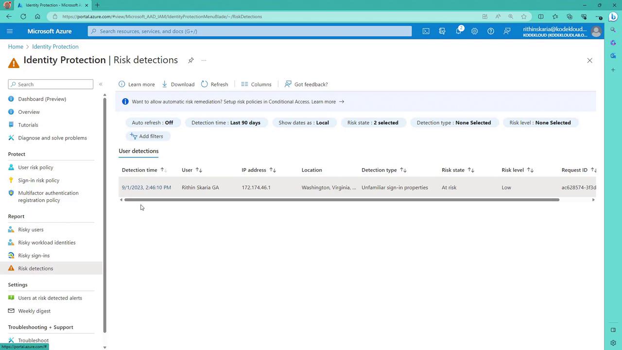 The image shows a Microsoft Azure Identity Protection dashboard displaying risk detections, including details like detection time, user, IP address, location, detection type, risk state, and risk level.