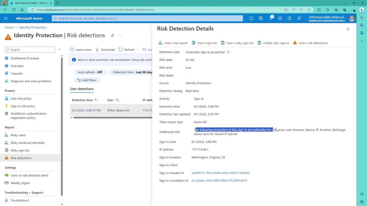 The image shows a Microsoft Azure Identity Protection dashboard displaying risk detection details for an unfamiliar sign-in, including information about the detection type, risk state, and sign-in location.