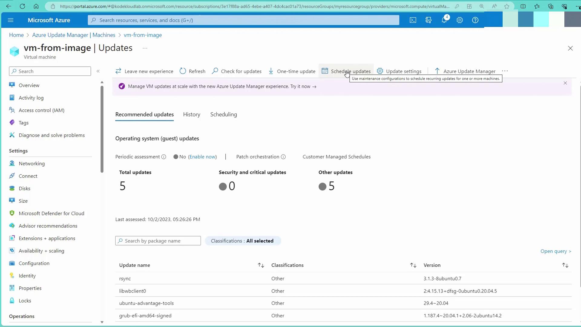 The image shows the Microsoft Azure portal interface for managing updates on a virtual machine named "vm-from-image." It displays details about recommended updates, with a total of five updates, all classified as "Other."