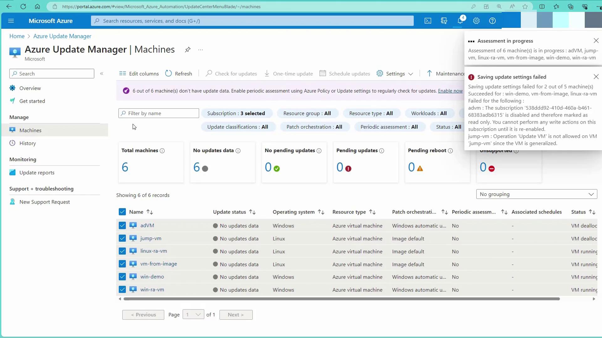 The image shows the Azure Update Manager interface, displaying a list of virtual machines with their update statuses and related information. There are notifications about assessment in progress and failed update settings for certain machines.
