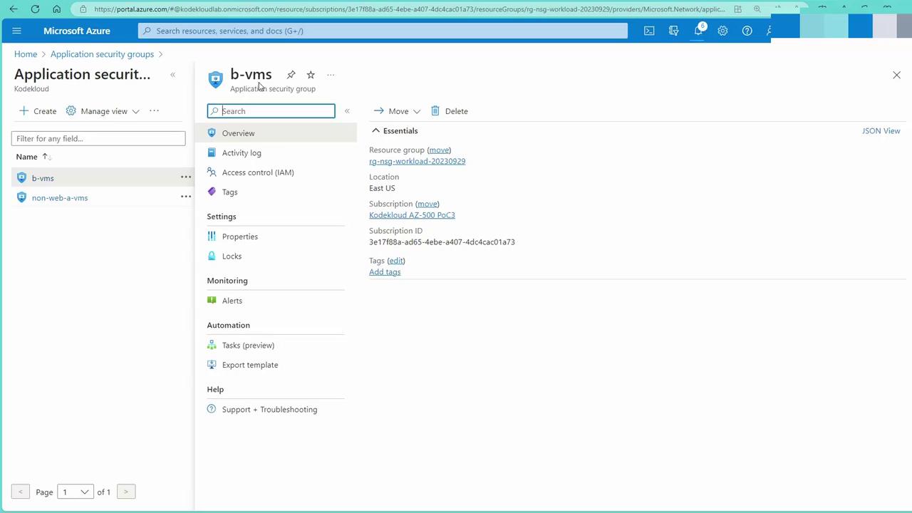 The image shows a Microsoft Azure portal interface displaying details of an application security group named "b-vms," including its resource group, location, and subscription information.