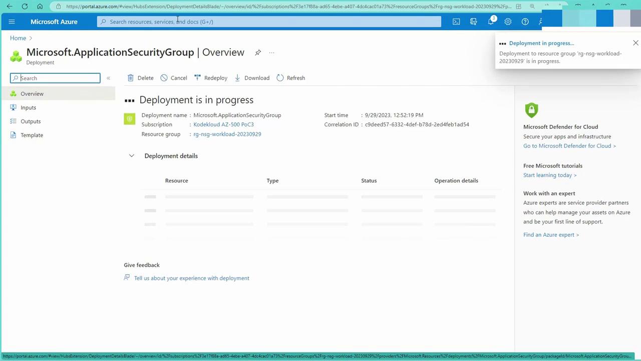 The image shows a Microsoft Azure portal page with a deployment in progress for "Microsoft.ApplicationSecurityGroup." It includes details like subscription, resource group, and start time.