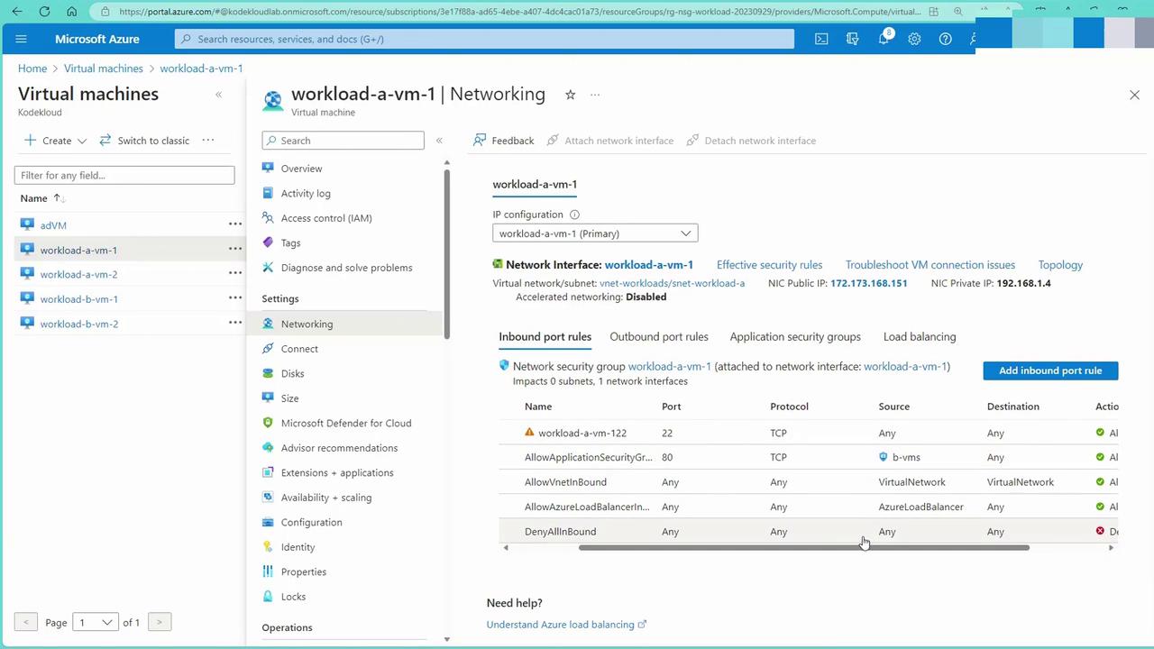 The image shows a Microsoft Azure portal interface displaying the networking settings for a virtual machine named "workload-a-vm-1," including its IP configuration and inbound port rules.