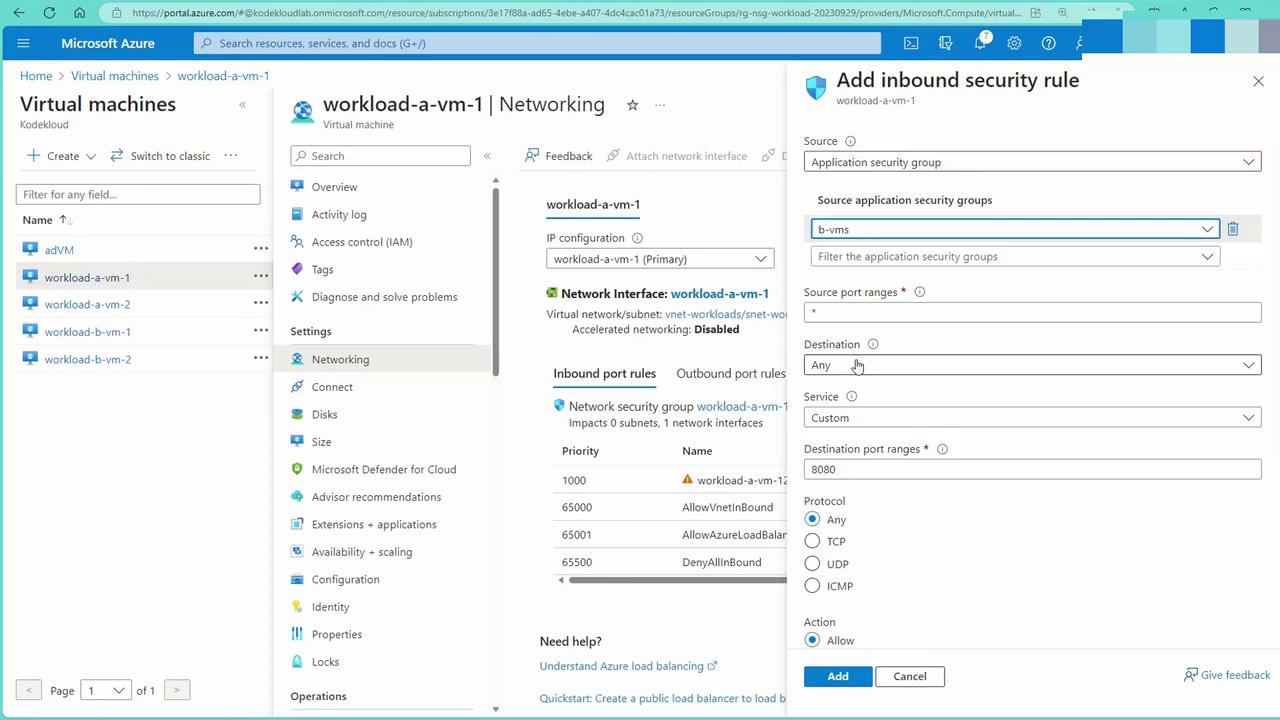 The image shows the Microsoft Azure portal interface, specifically the networking settings for a virtual machine, with a panel open to add an inbound security rule.