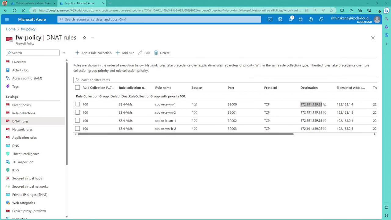 The image shows a Microsoft Azure portal page displaying DNAT rules for a firewall policy, listing several SSH-VM rules with details like source, port, protocol, and translated addresses.