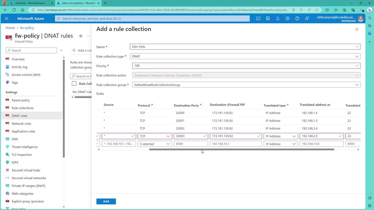 The image shows a Microsoft Azure portal interface where a user is adding a DNAT rule collection named "SSH-VMs" with specific rules for TCP protocols, destination ports, and translated IP addresses. The interface includes fields for rule collection type, priority, and action.