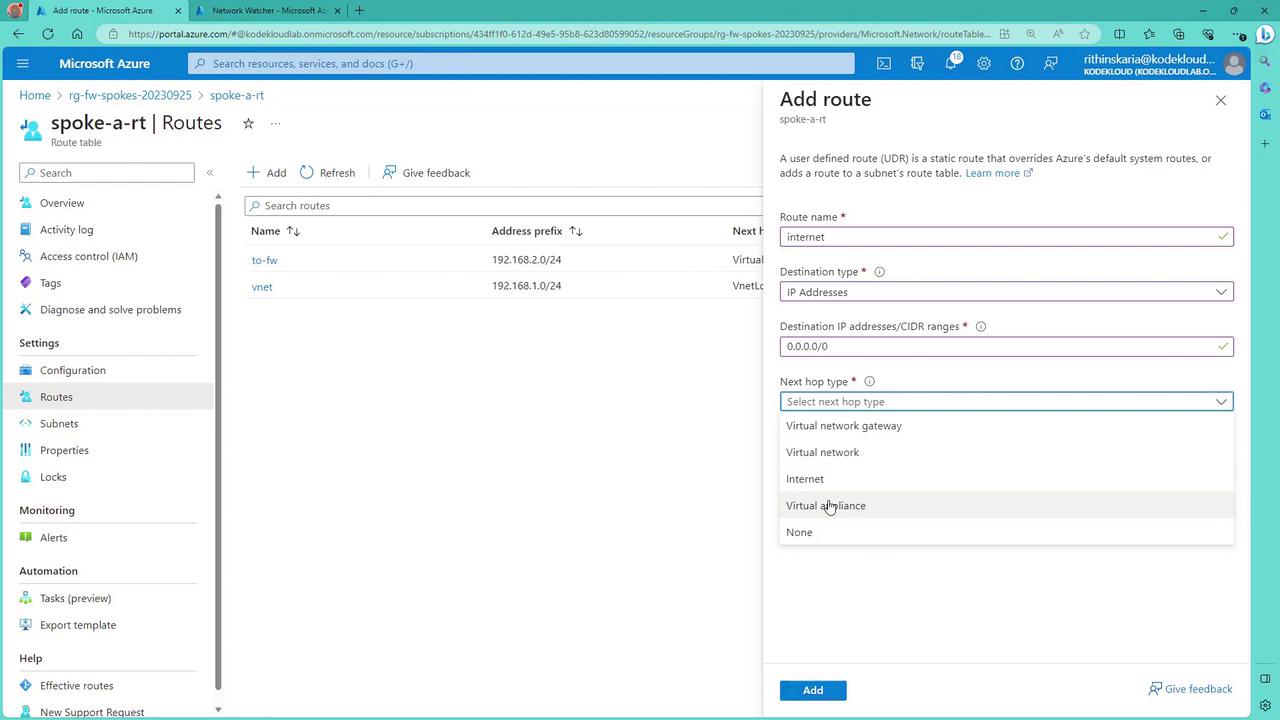 The image shows a Microsoft Azure portal interface where a user is adding a route to a route table, configuring settings such as route name, destination type, and next hop type.