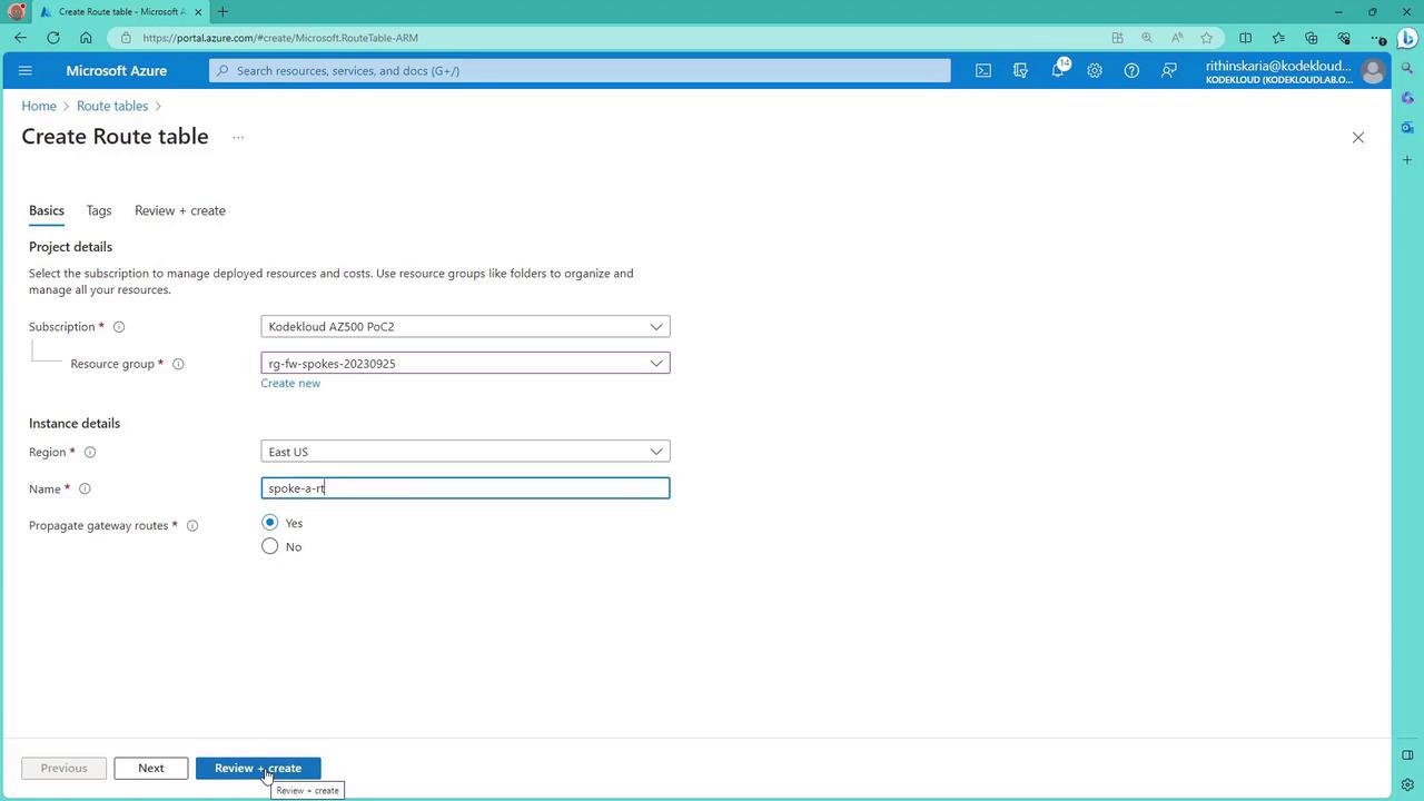 The image shows a Microsoft Azure portal interface for creating a route table, with fields for project and instance details such as subscription, resource group, region, and name.