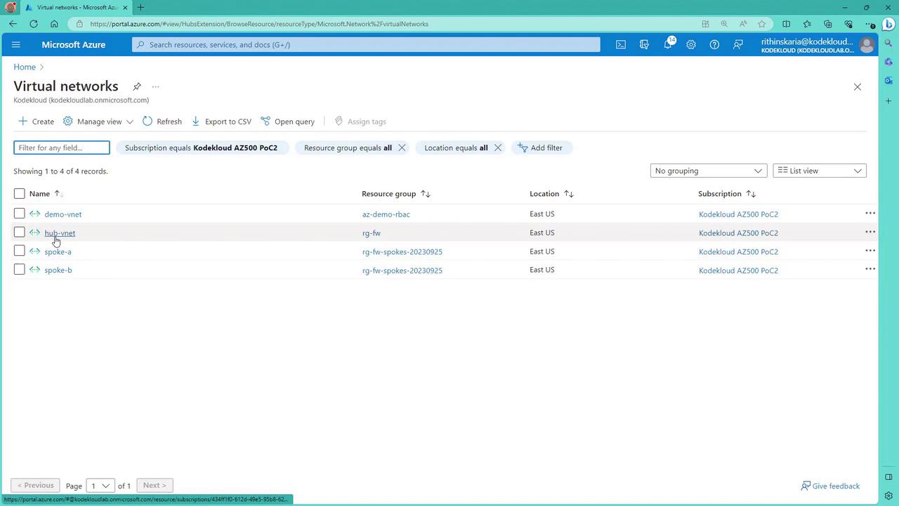 The image shows a Microsoft Azure portal page displaying a list of virtual networks under the "Virtual networks" section. It includes details like network names, resource groups, locations, and subscriptions.