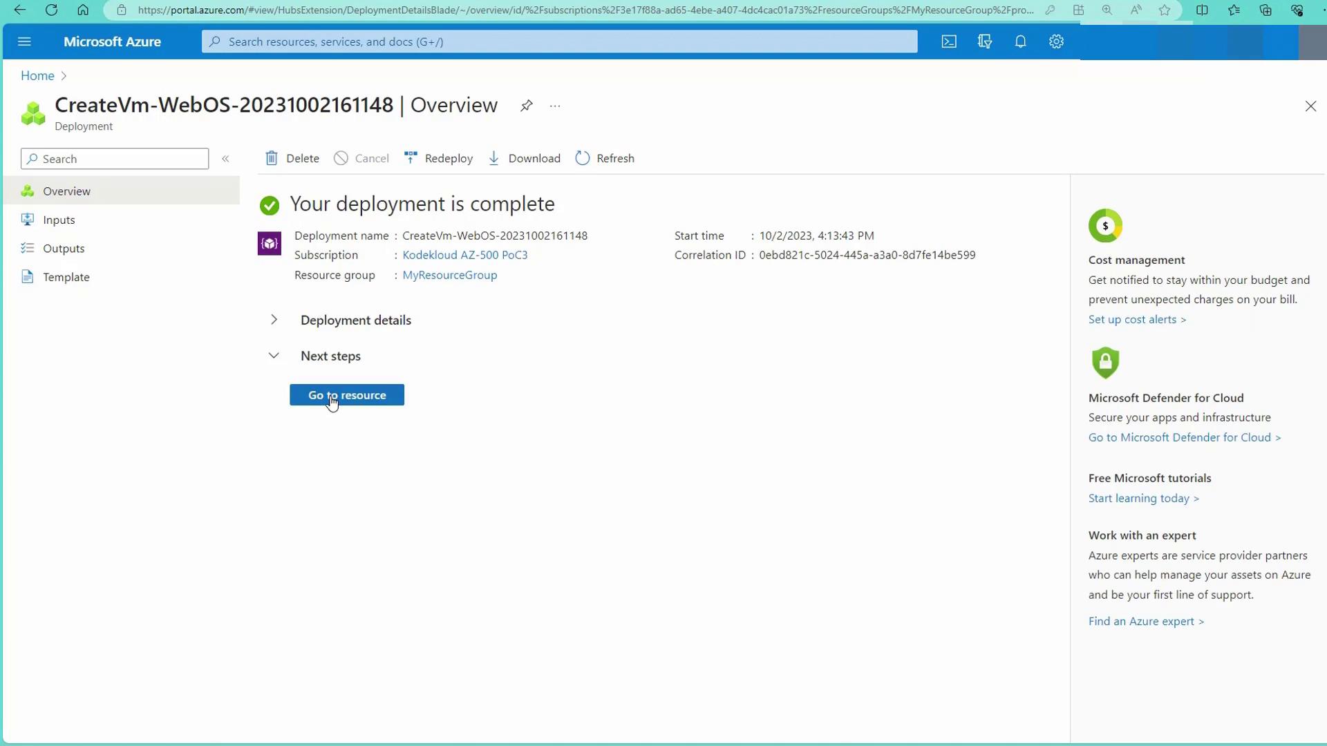 The image shows a Microsoft Azure portal page indicating that a deployment named "CreateVm-WebOS-20231002161148" is complete. It includes options to view deployment details and next steps, with a button to "Go to resource."