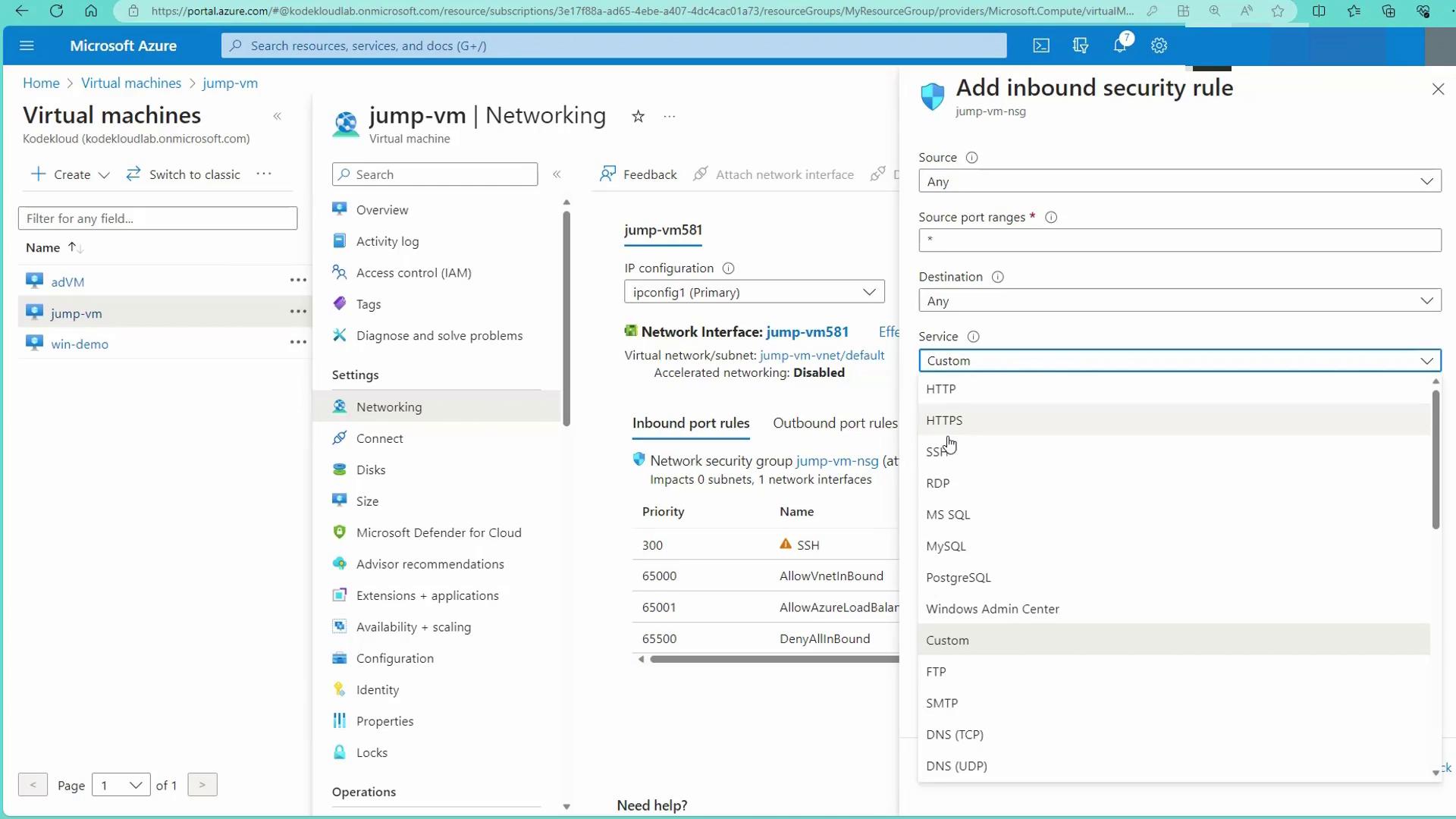 The image shows a Microsoft Azure portal interface where a user is configuring networking settings for a virtual machine named "jump-vm." The user is adding an inbound security rule, selecting a service from a dropdown menu.
