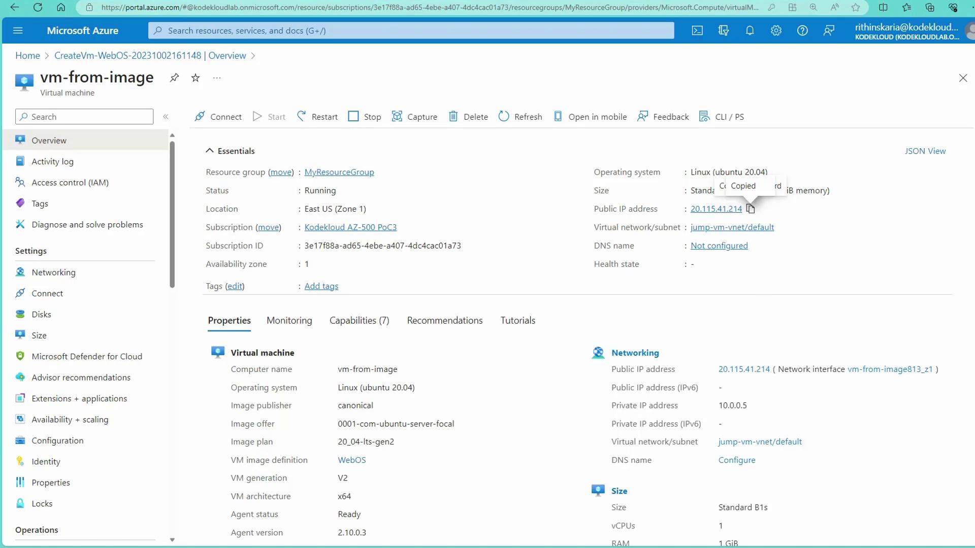 The image shows a Microsoft Azure portal interface displaying details of a virtual machine named "vm-from-image," including its status, location, operating system, and networking information.