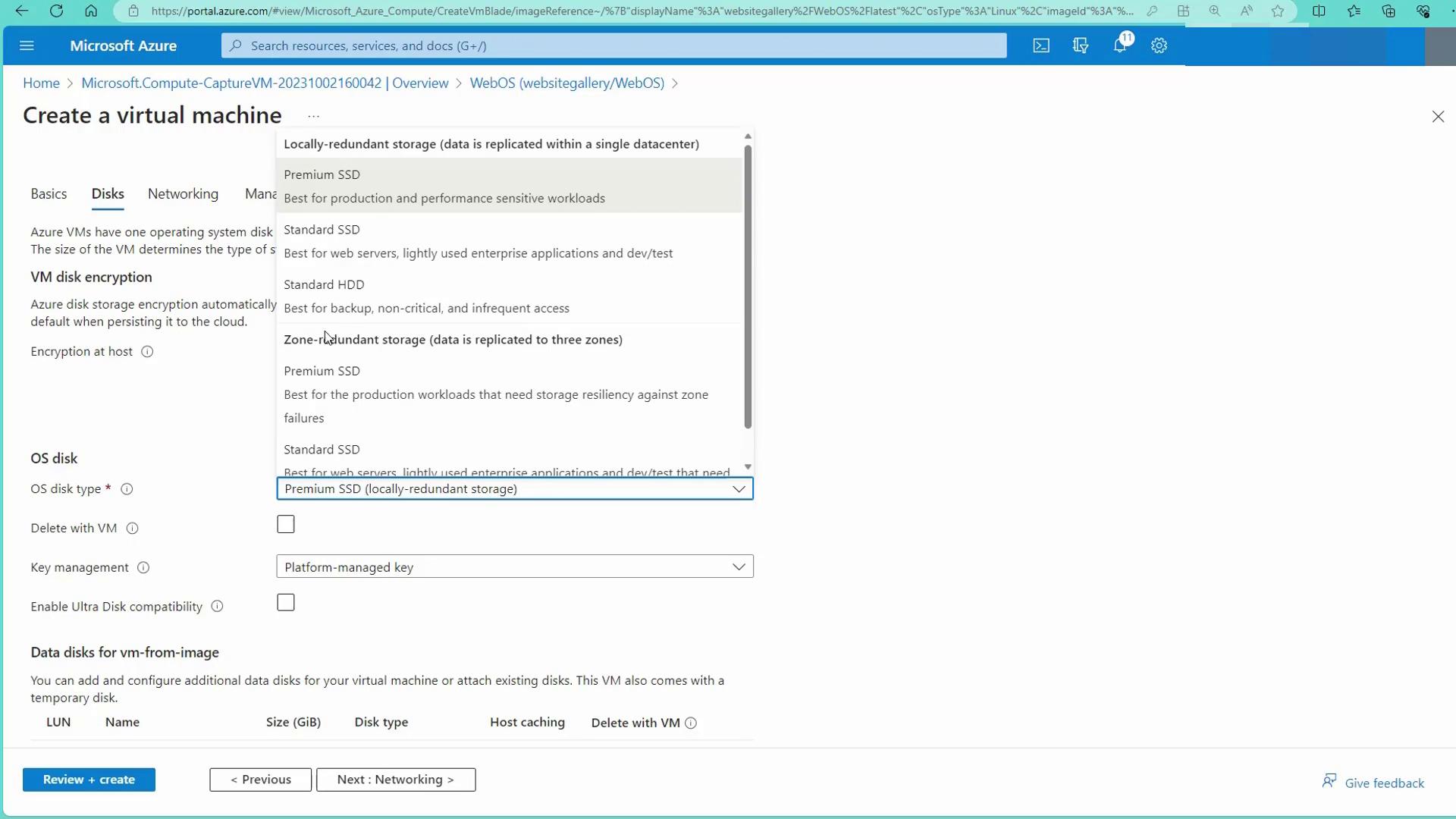 The image shows a Microsoft Azure portal interface for creating a virtual machine, specifically focusing on the disk configuration options. Various storage types like Premium SSD and Standard HDD are listed for selection.