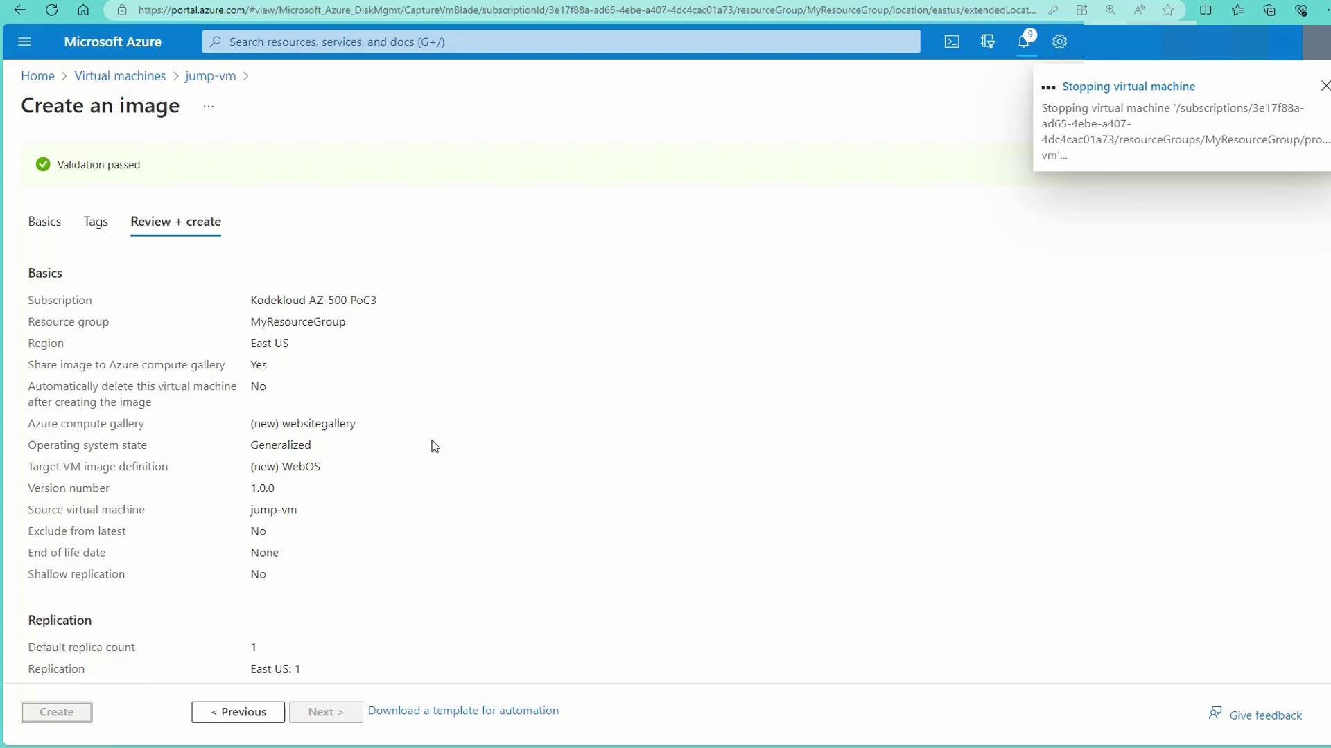 The image shows a Microsoft Azure portal screen for creating a virtual machine image, with details like subscription, resource group, and region. A notification indicates that a virtual machine is being stopped.