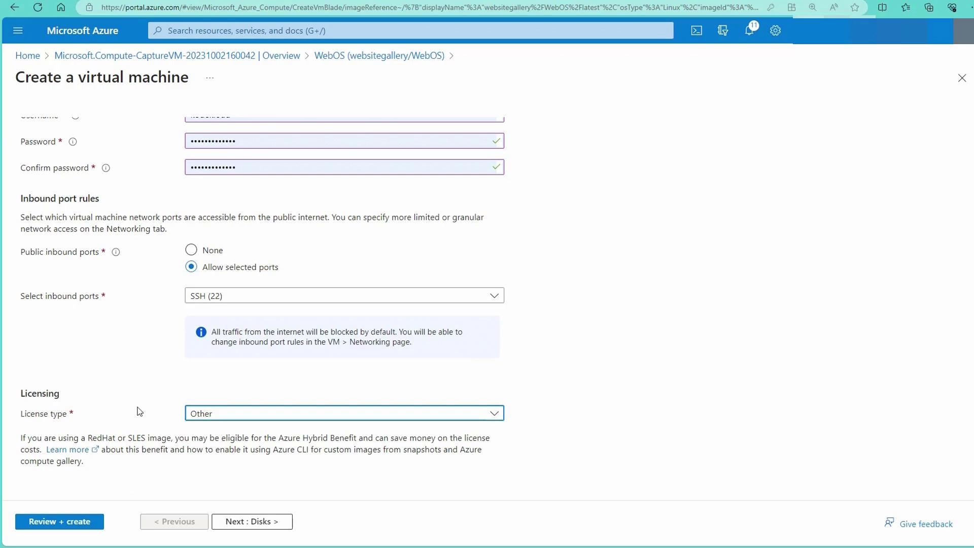 The image shows a Microsoft Azure portal interface for creating a virtual machine, with options for setting a username, password, inbound port rules, and license type.