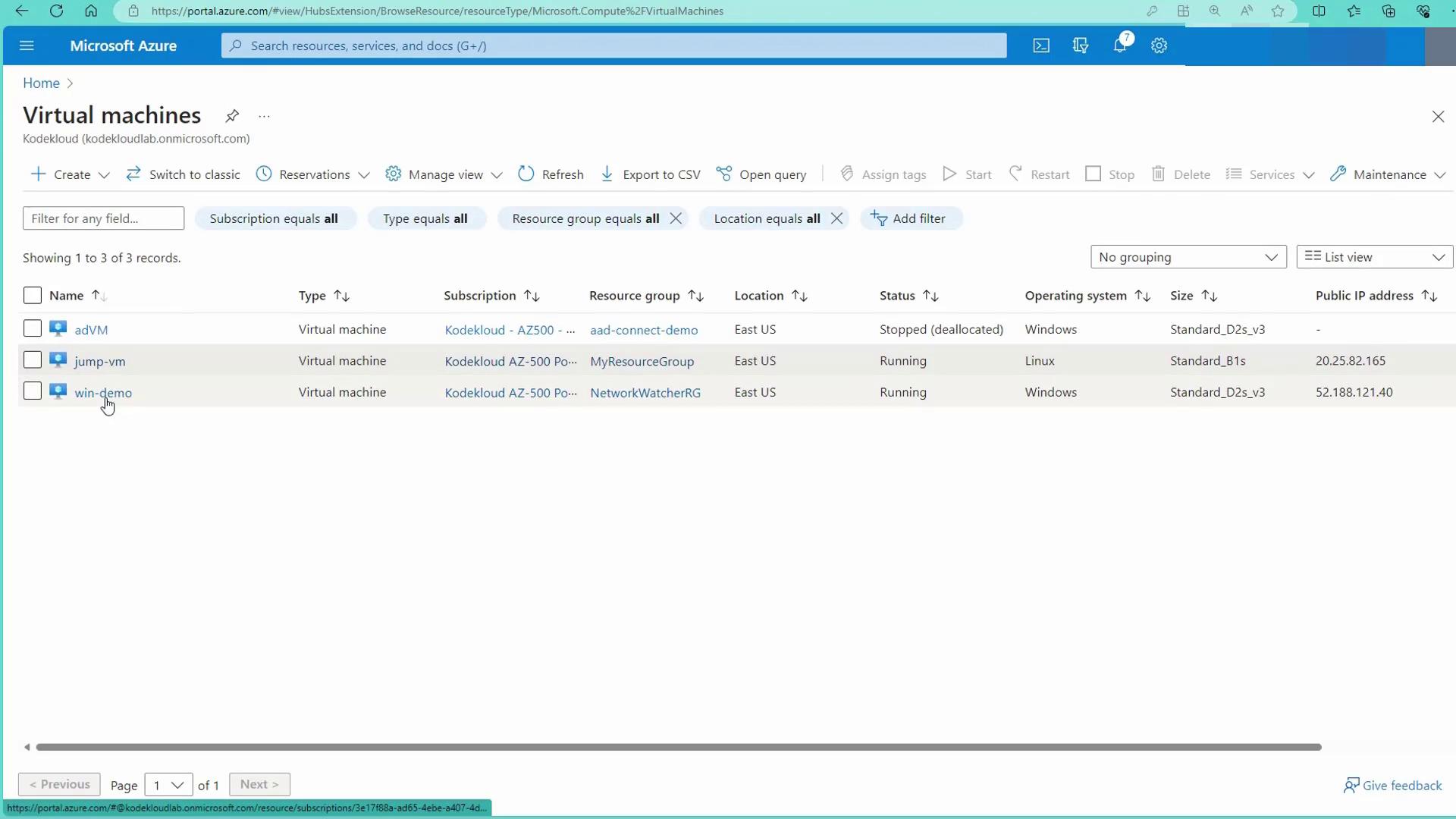 The image shows a Microsoft Azure portal interface displaying a list of virtual machines, including their names, types, statuses, and other details.