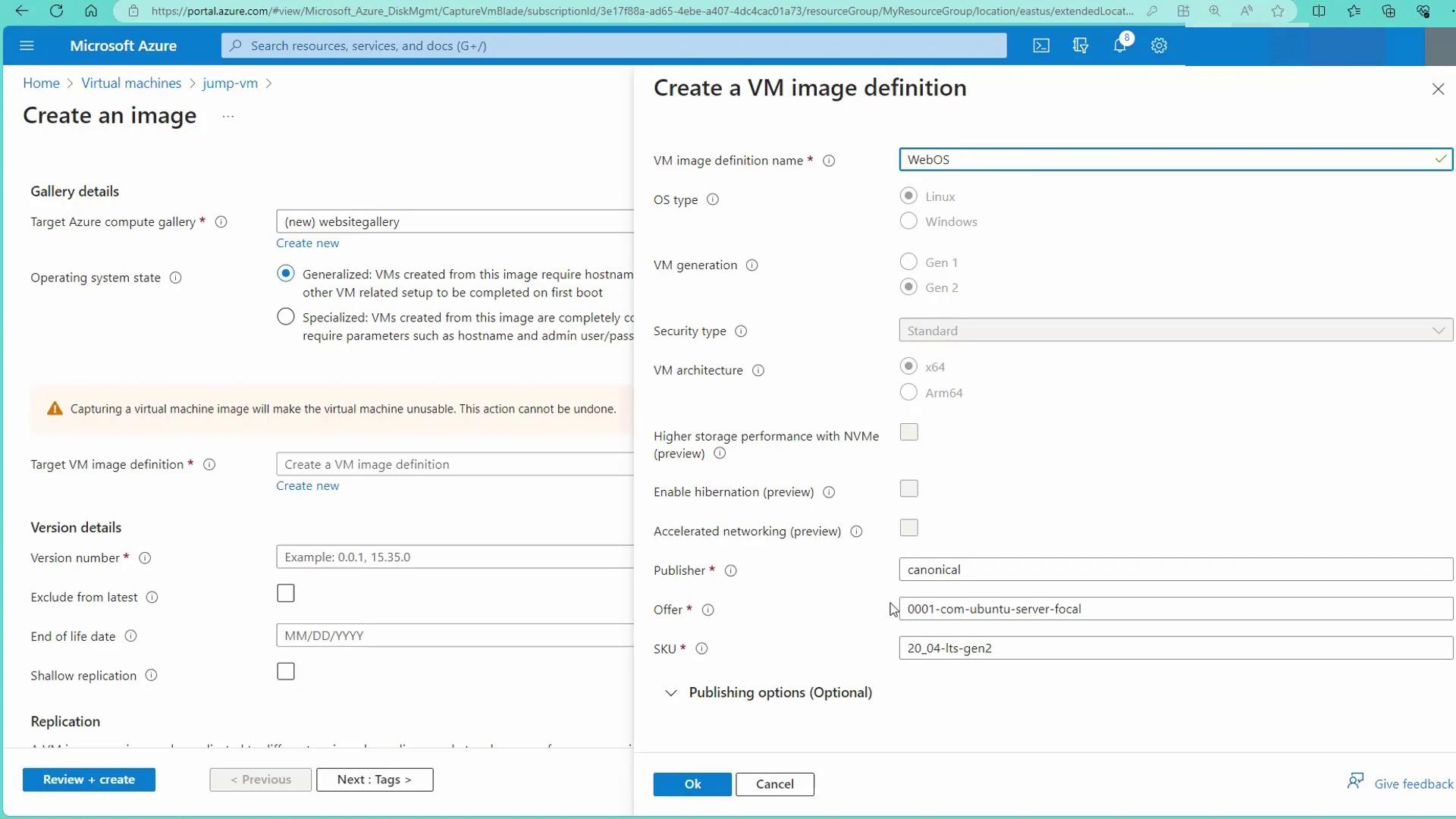 The image shows a Microsoft Azure interface for creating a virtual machine image, with options for setting gallery details, VM image definition, and version details.