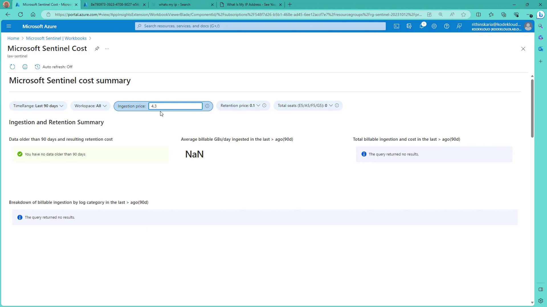The image shows a Microsoft Azure portal page displaying a Microsoft Sentinel cost summary. It includes details like time range, workspace, ingestion price, and retention price, with a note indicating no data older than 90 days.