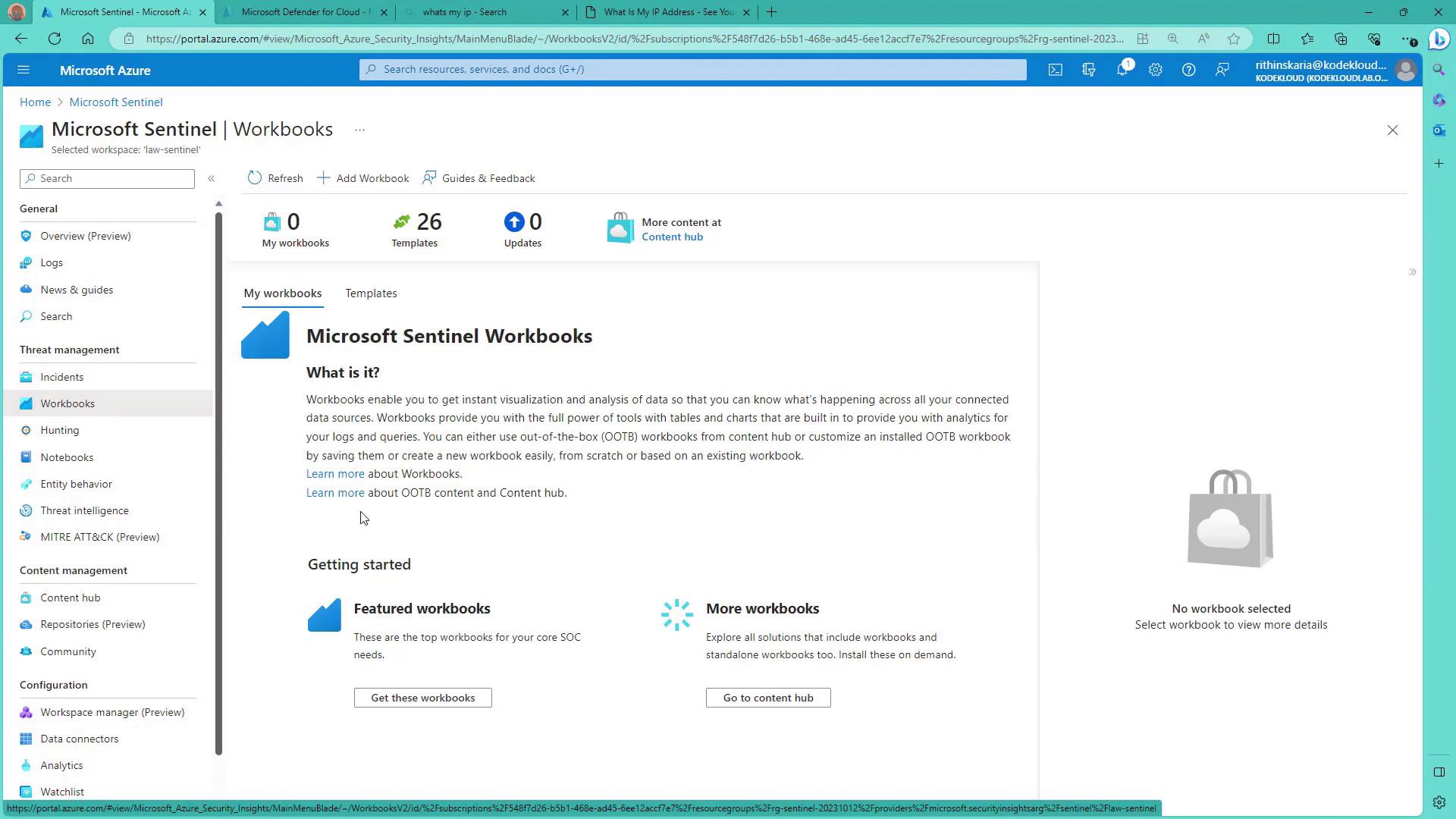The image shows a Microsoft Azure portal page for Microsoft Sentinel Workbooks, providing options to manage and create workbooks for data visualization and analysis. It includes sections for featured workbooks and more workbook options from the content hub.