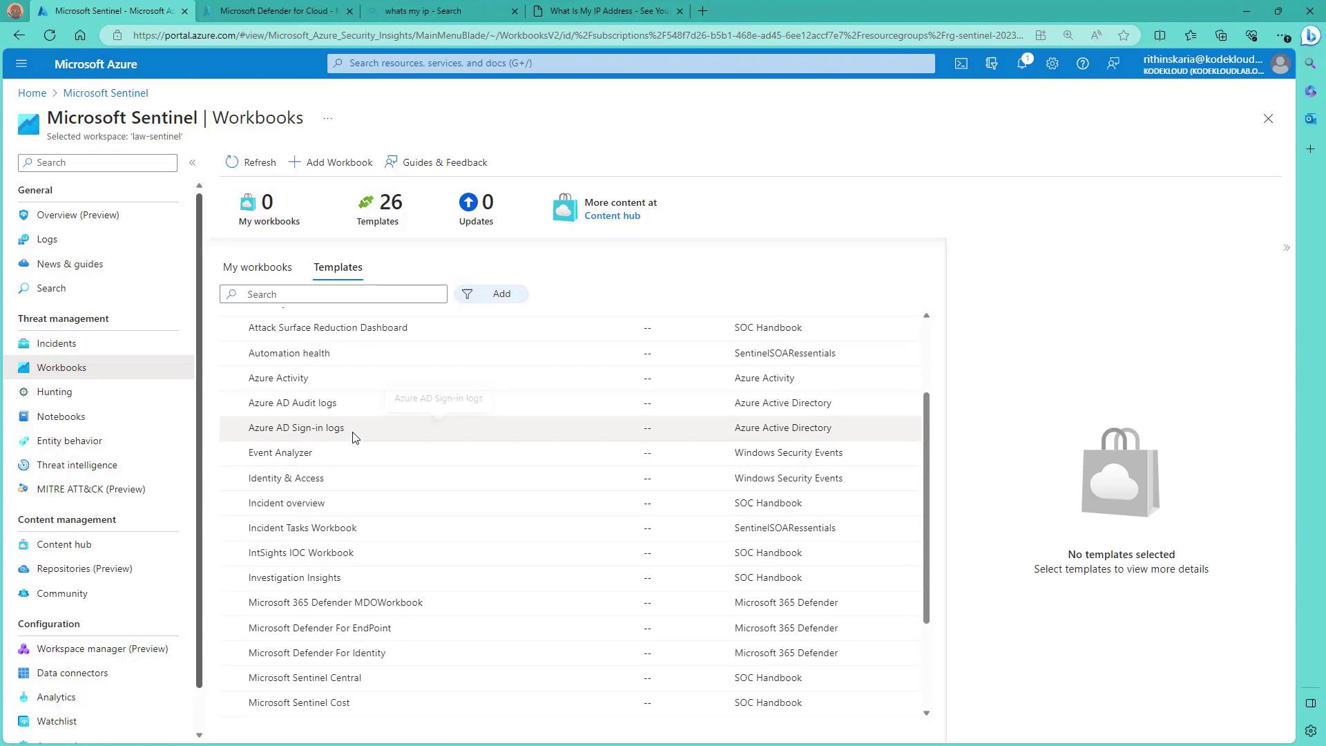 The image shows the Microsoft Sentinel Workbooks interface on Azure, displaying a list of templates related to security and activity logs. The sidebar includes options for threat management and content management.