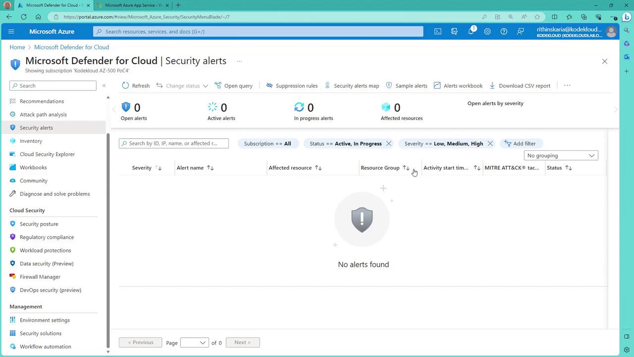 The image shows a Microsoft Azure portal screen displaying the "Microsoft Defender for Cloud" security alerts page, indicating no alerts found.