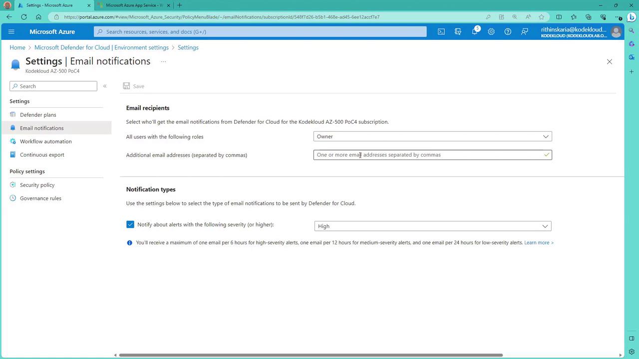 The image shows the email notification settings for Microsoft Defender for Cloud in the Azure portal, where users can configure email recipients and notification types based on alert severity.