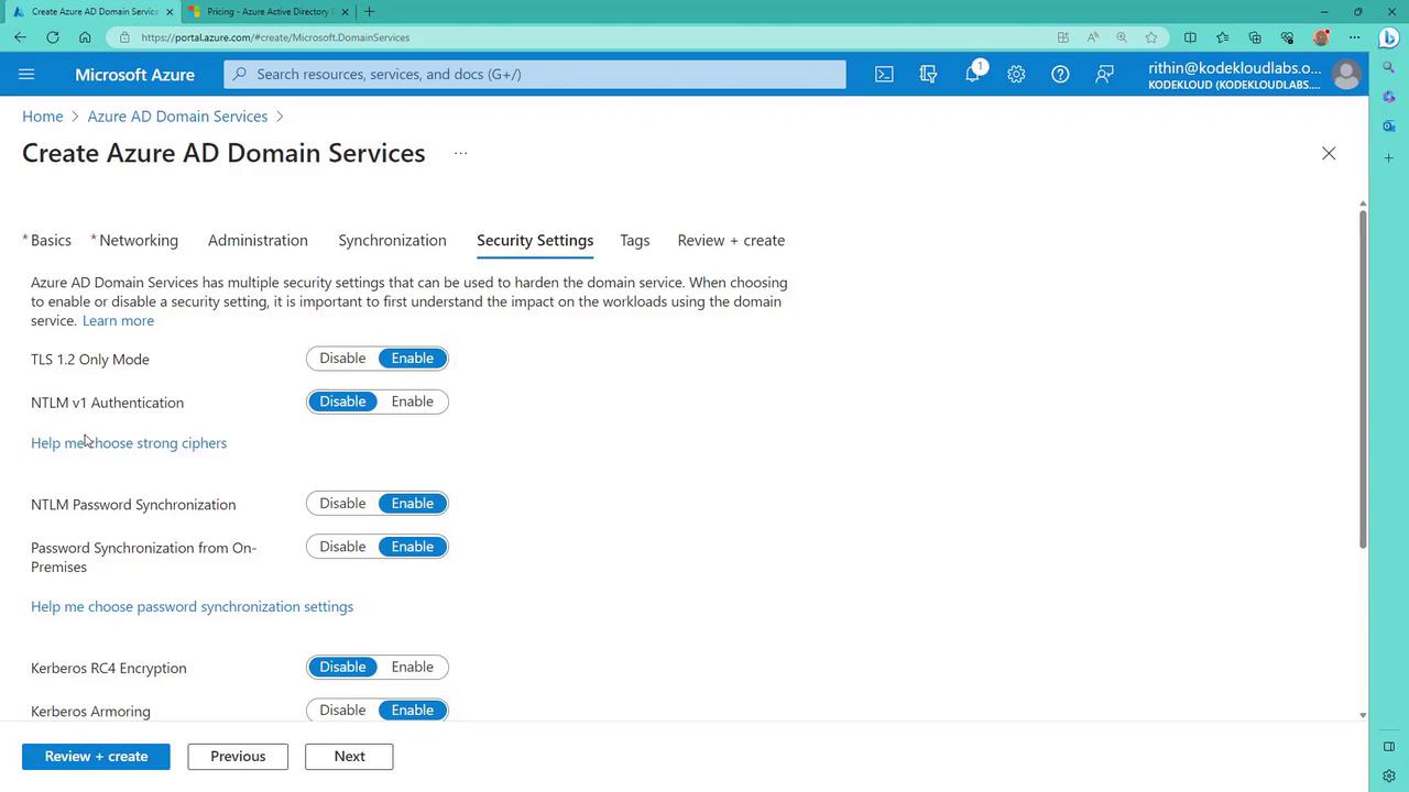 The image shows a Microsoft Azure portal page for configuring Azure AD Domain Services, specifically focusing on security settings with options to enable or disable features like TLS 1.2, NTLM v1 Authentication, and Kerberos encryption.