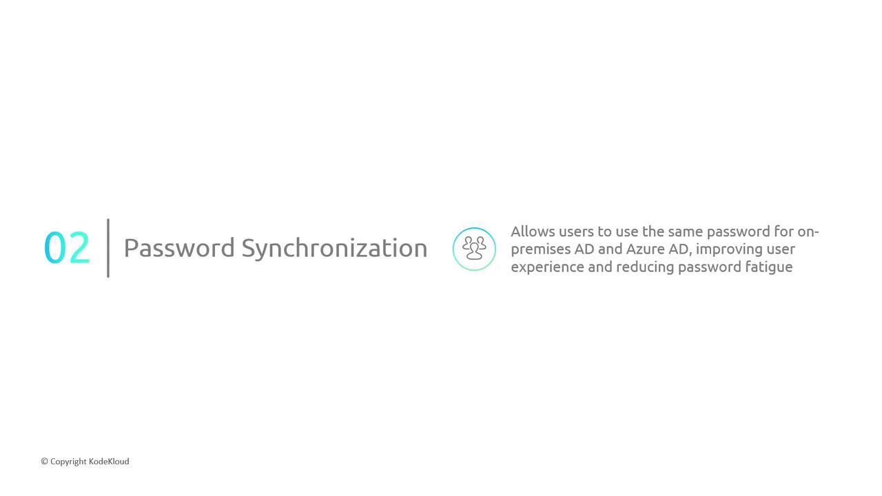 The image is a slide titled "Password Synchronization," explaining that it allows users to use the same password for on-premises AD and Azure AD, improving user experience and reducing password fatigue.