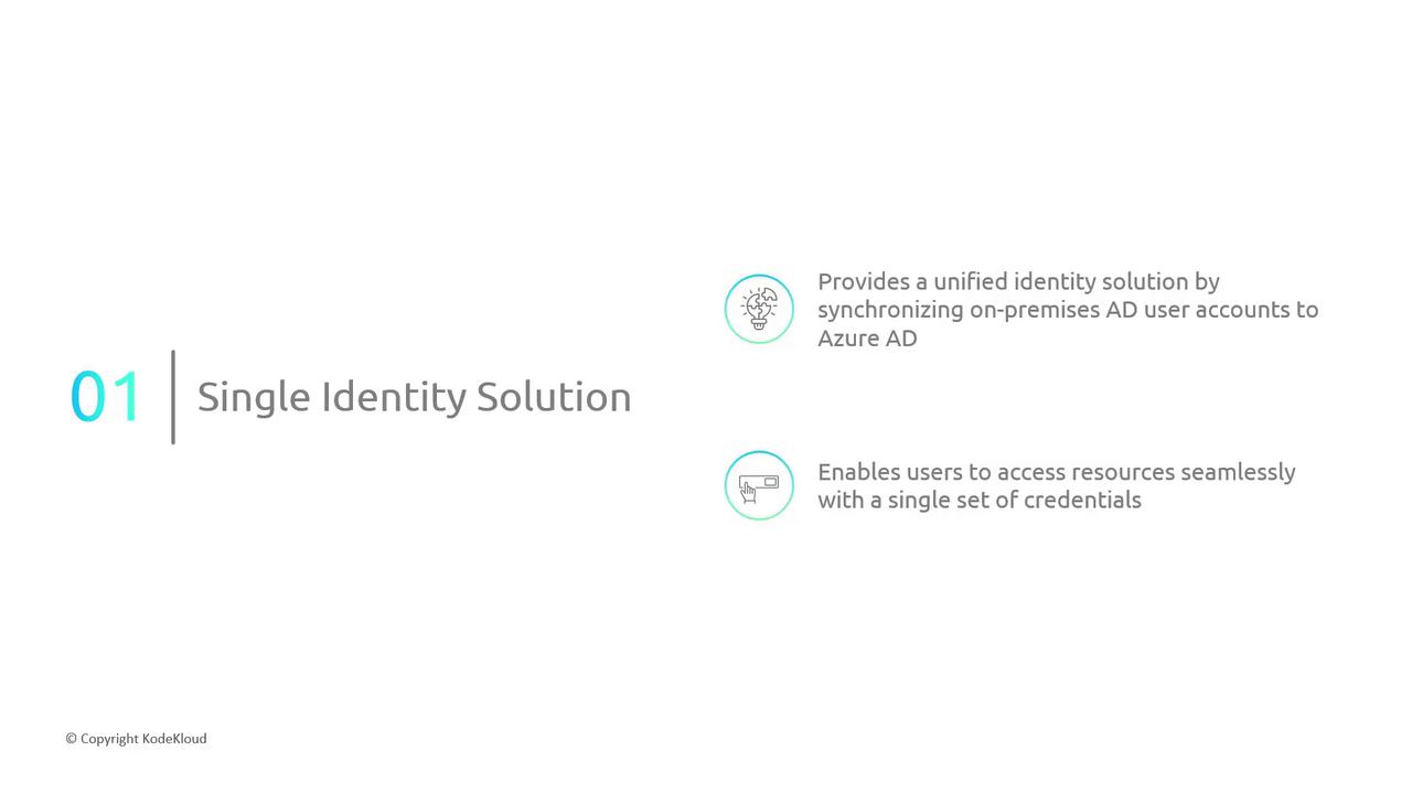 The image is a slide titled "Single Identity Solution," describing a unified identity solution that synchronizes on-premises AD user accounts to Azure AD, enabling seamless resource access with a single set of credentials.