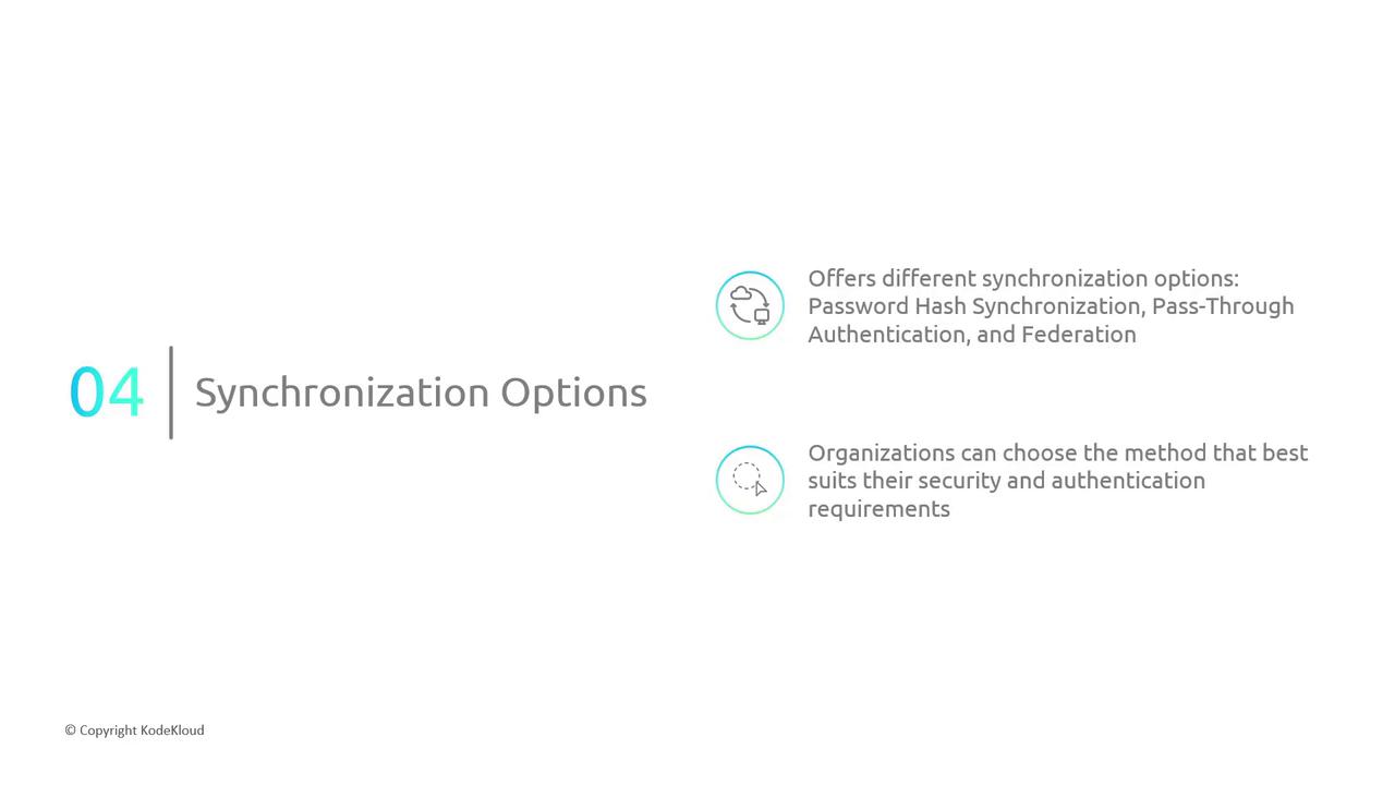 The image is a slide titled "Synchronization Options," describing different synchronization methods like Password Hash Synchronization, Pass-Through Authentication, and Federation, and emphasizing the choice based on security needs.