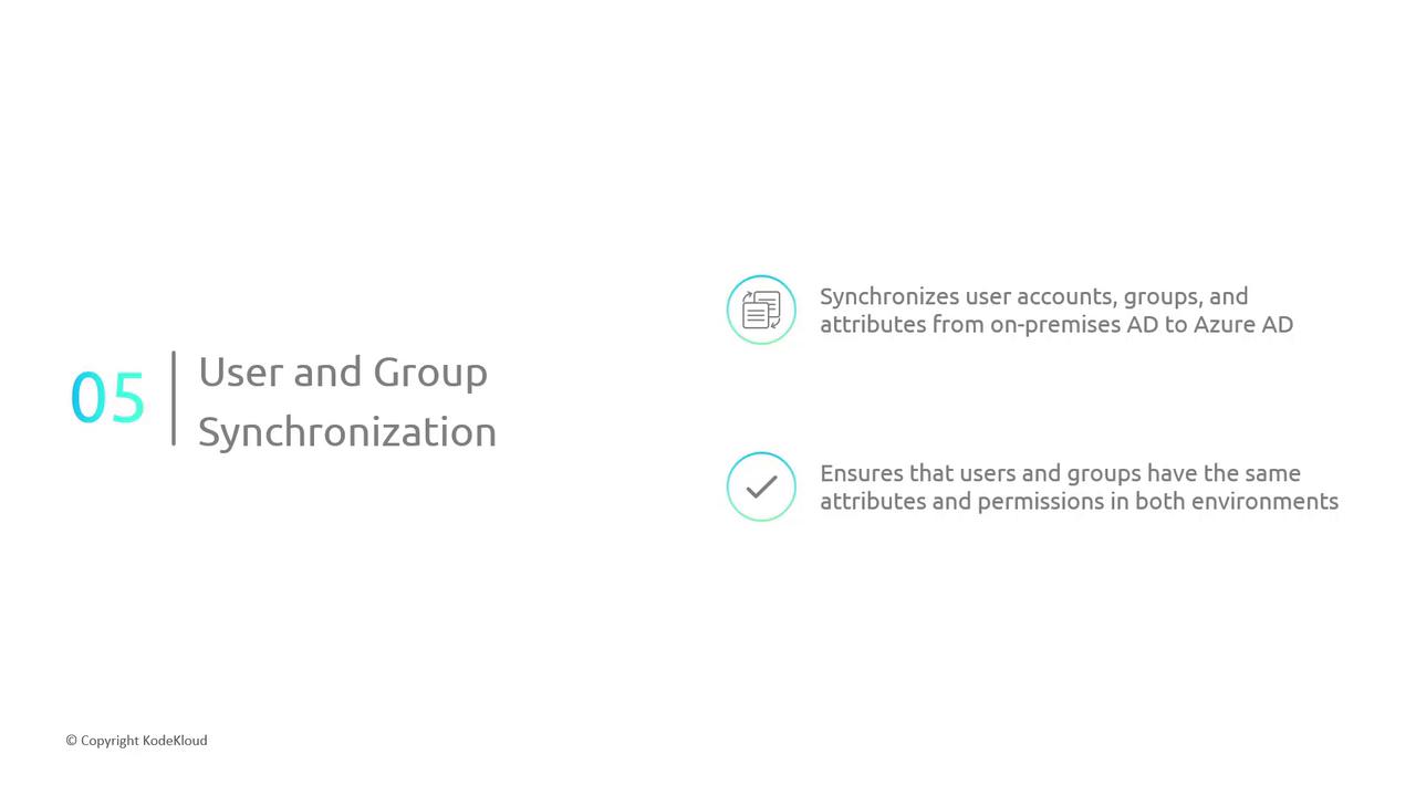 The image is about "User and Group Synchronization," highlighting the synchronization of user accounts, groups, and attributes from on-premises AD to Azure AD, ensuring consistent attributes and permissions in both environments.