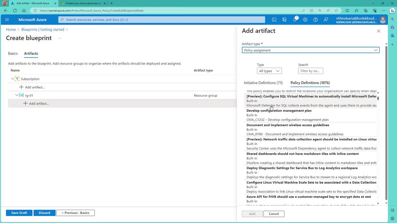 The image shows a Microsoft Azure interface for creating a blueprint, specifically in the "Add artifact" section. It displays options for selecting policy assignments and various initiative definitions.