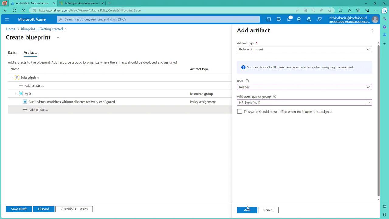 The image shows a Microsoft Azure interface for creating a blueprint, specifically the "Add artifact" section where a role assignment is being configured. The user is selecting a role and a user, app, or group to assign.